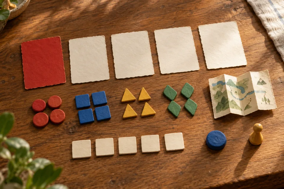 Handmade red, blue, yellow and green puzzle pieces sit beside blank cards and a folded map.