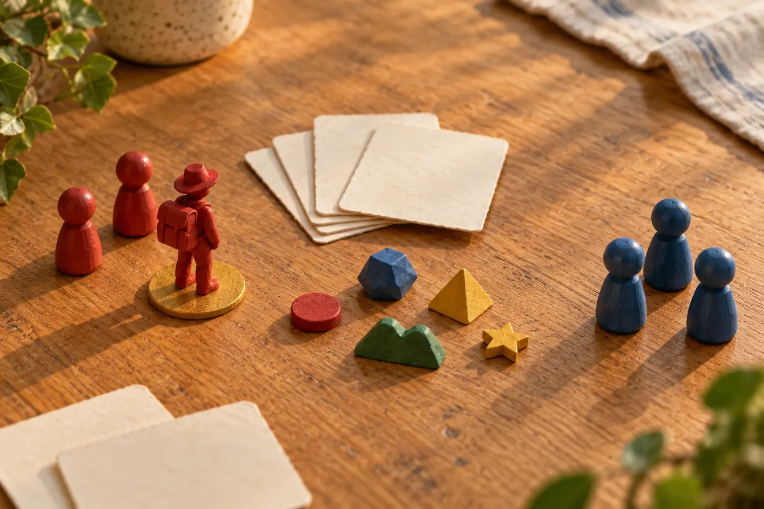 Red and blue wooden player pieces face each other across blank trivia cards and five colorful tokens.