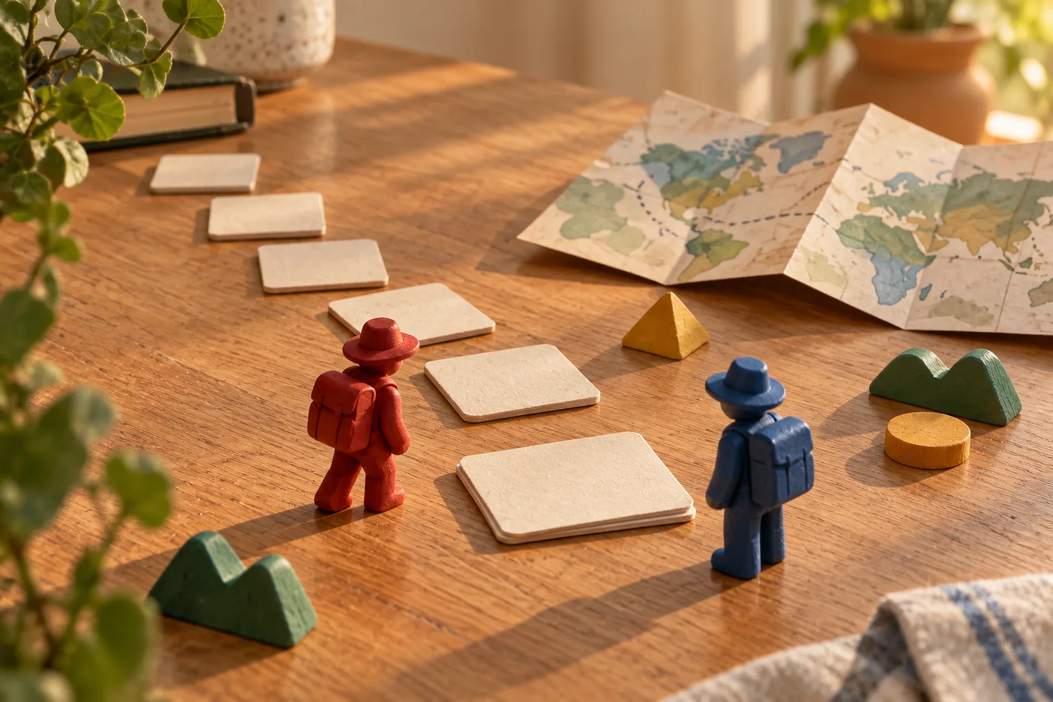 Two handmade explorers approach the same blank trivia cards beside a folded atlas.