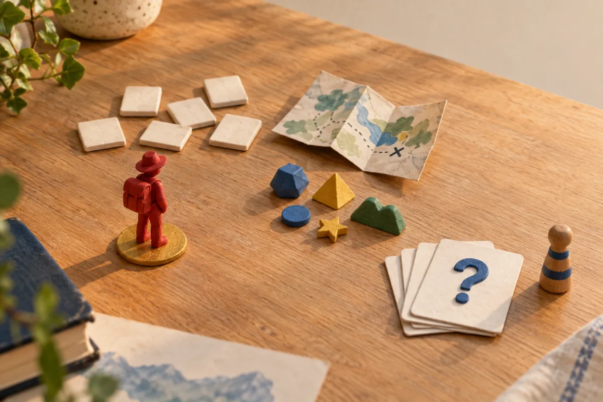 A red miniature explorer surveys handmade word tiles, map pieces and trivia cards on a wooden table.