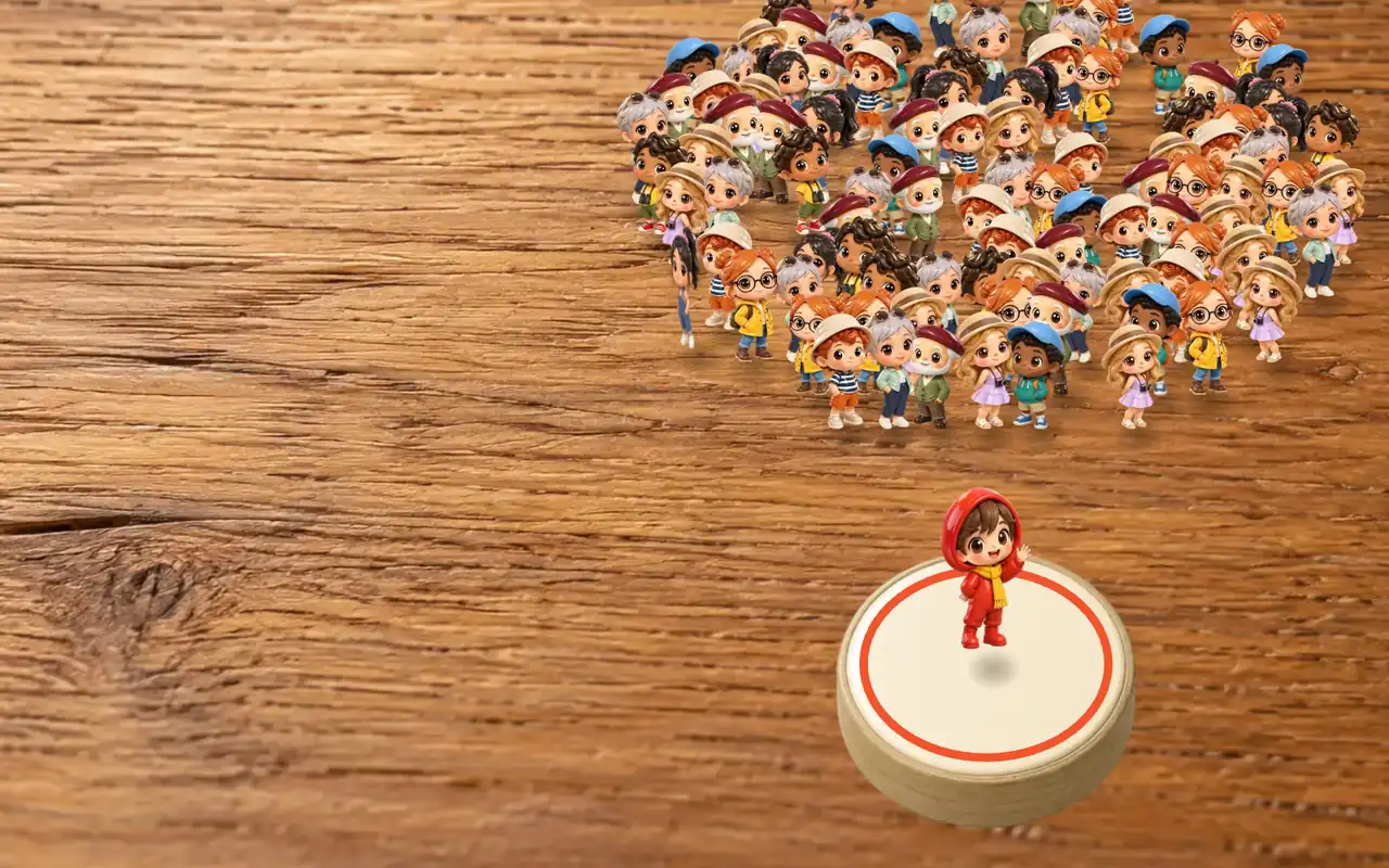 Outrivia's red player figurine faces a crowd of colorful characters across a wooden game board.