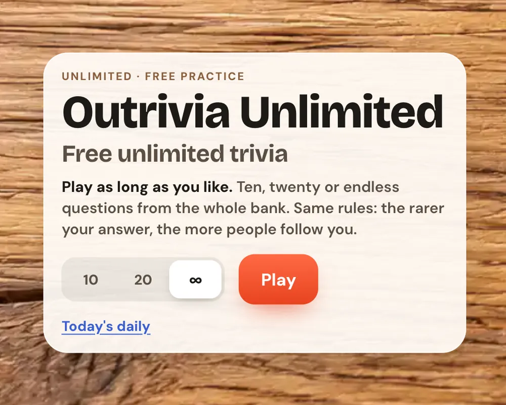 The Unlimited card: Outrivia Unlimited, free unlimited trivia, with 10, 20 and ∞ buttons beside Play.