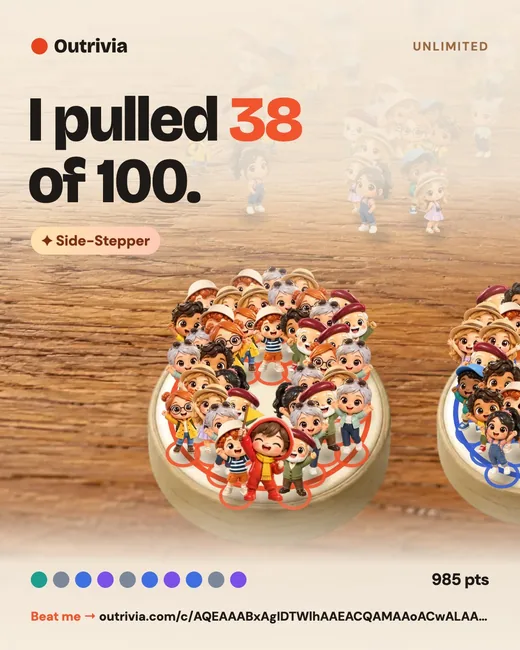 Share card: I pulled 38 of 100, Side-Stepper, with the player's figurine among its followers on the home tile, ten coloured circles and 985 points.