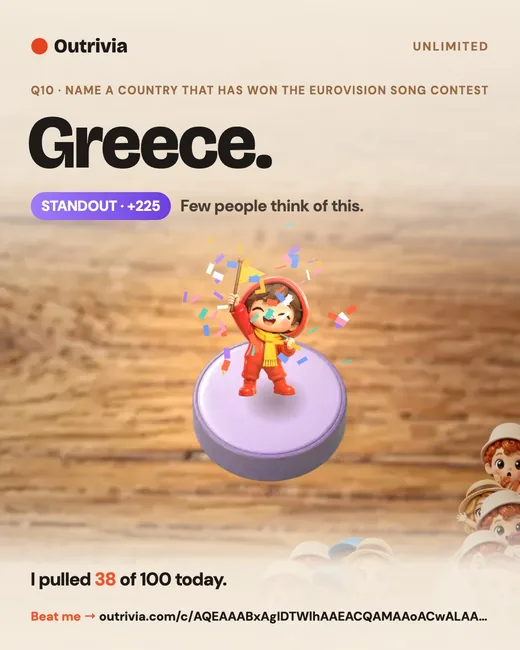 Share card for the best moment: question 10, name a country that has won the Eurovision Song Contest. Greece, Standout, +225, with the player's figurine raising a flag in confetti.