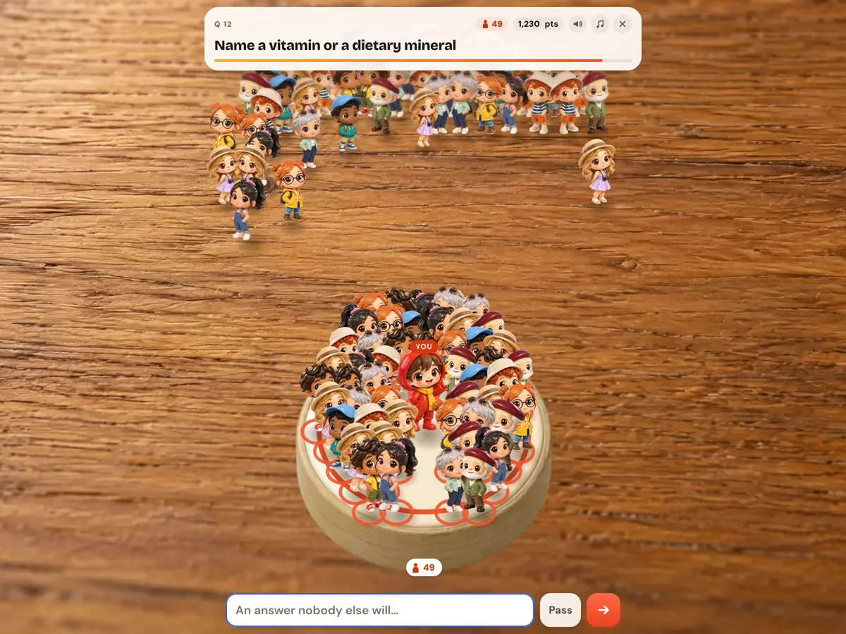Question 12 of an endless run: Name a vitamin or a dietary mineral. 49 people and 1,230 points so far; the player's figurine stands among 49 followers on its home tile while the rest of the crowd waits at the top of the table.